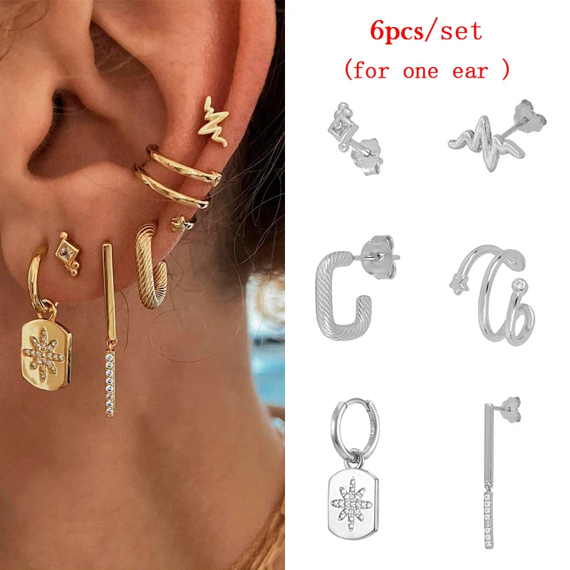 JINFU Gold Plated Earrings Set For Women Boho Style CZ Zircon Women's Clip Stud Dangle Hoop Earrings 2022 Jewelry Wholesale