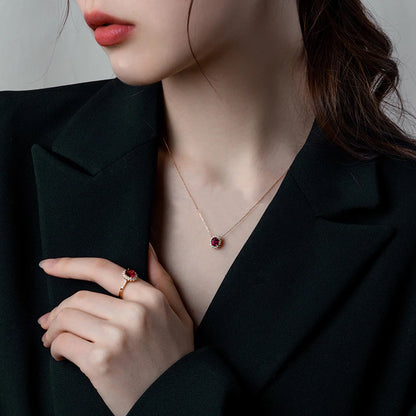 Metiseko 925 Sterling Silver Ruby Colour Chain Necklace Garnet Red Cubic Zirconia Retro Style Necklace Waterproof for Women