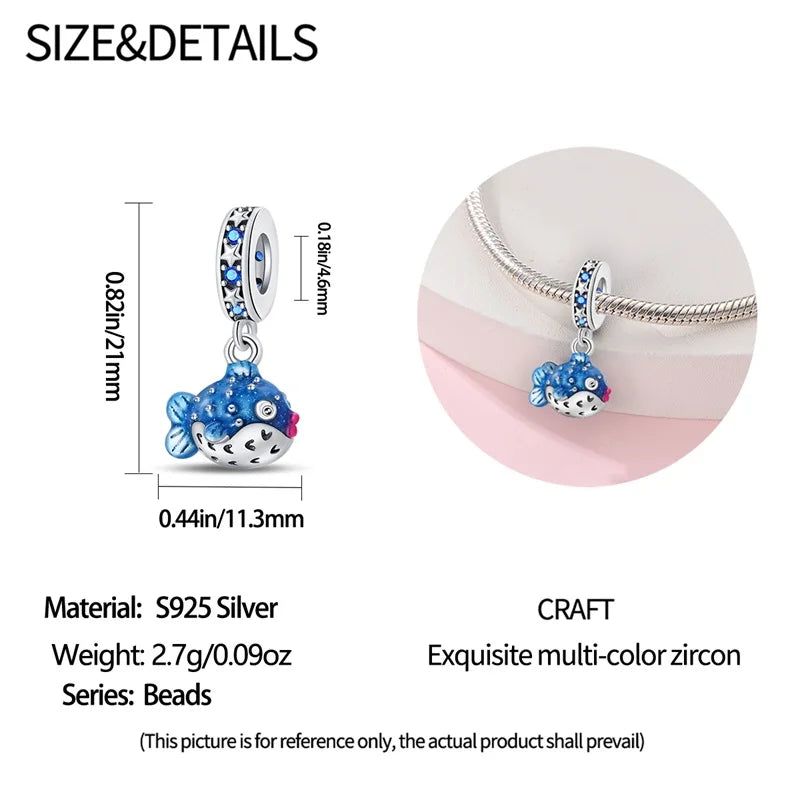 Blue Series 925 Sterling Silver Turtle,Whale & Seahorse Dangle Charm Fits Bracelet Kids Ocean Jewelry Accessories