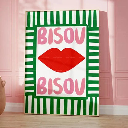 Maximalist Eclectic Posters and Prints Pink French Quotes Bisou Bisou Bonjour Bonne Nuit Wall Art Living Room Home Decor