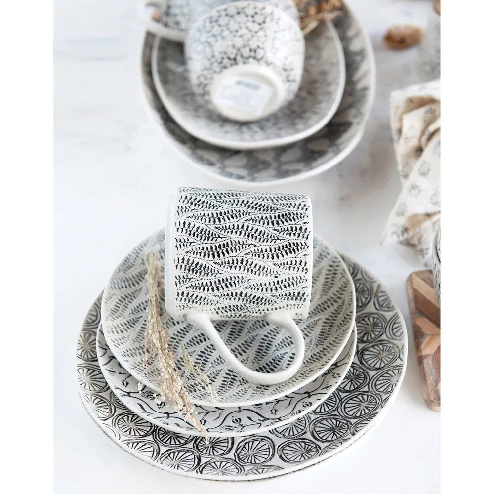 Set of 4 Artistic Stoneware Mugs Hand-Stamped Intricate Embossed Pattern