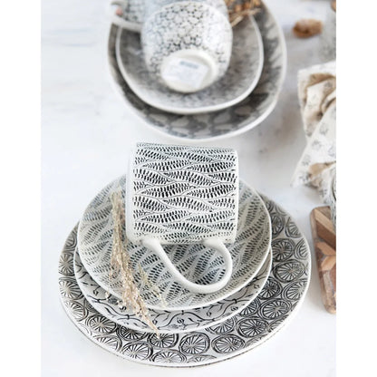 Set of 4 Artistic Stoneware Mugs Hand-Stamped Intricate Embossed Pattern