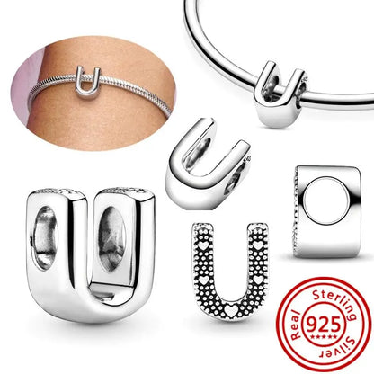 Hot Sale 100% 925 Sterling Silver 26 Letter A~Z Alphabet DIY Name Beads Fit Original  Charm Bracelet Bangles Fine Jewelry