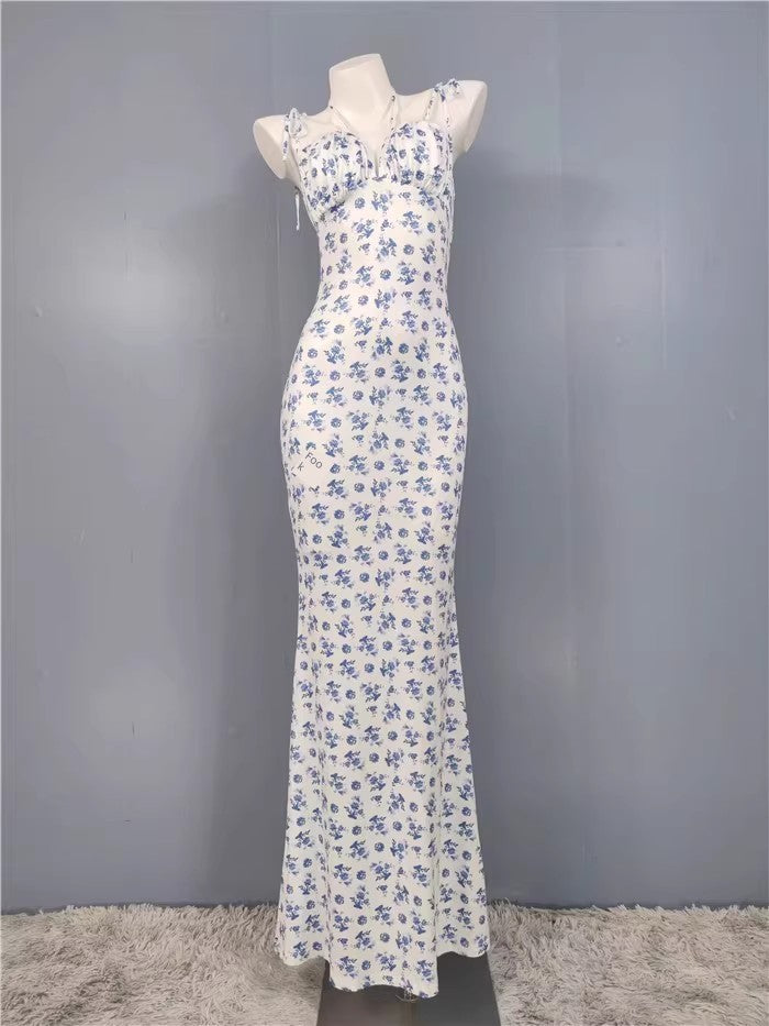 Export Pure Desire Exquisite Print Spaghetti Straps Slimming Adult Lady like Woman Fishtail Stylish Fashion Sexy Banquet Tied Dress