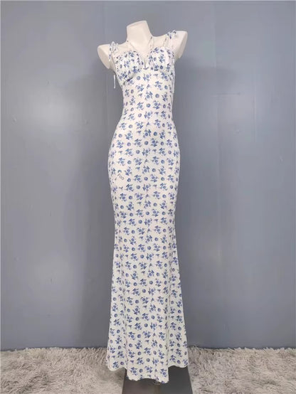 Export Pure Desire Exquisite Print Spaghetti Straps Slimming Adult Lady like Woman Fishtail Stylish Fashion Sexy Banquet Tied Dress