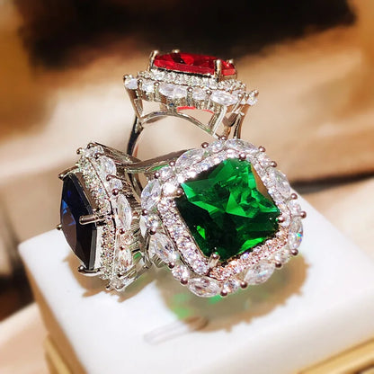 925 Silver New Luxury Set Princess Square Diamond Opening Ring Women's Fashion Tanzanite Sapphire Engagement Ring