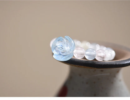 Lotus Fun Natural Stone Aquamarine Crystal Round Beads Rose Flower Extendable Rings for Women High Quality Wedding Fine Jewelry