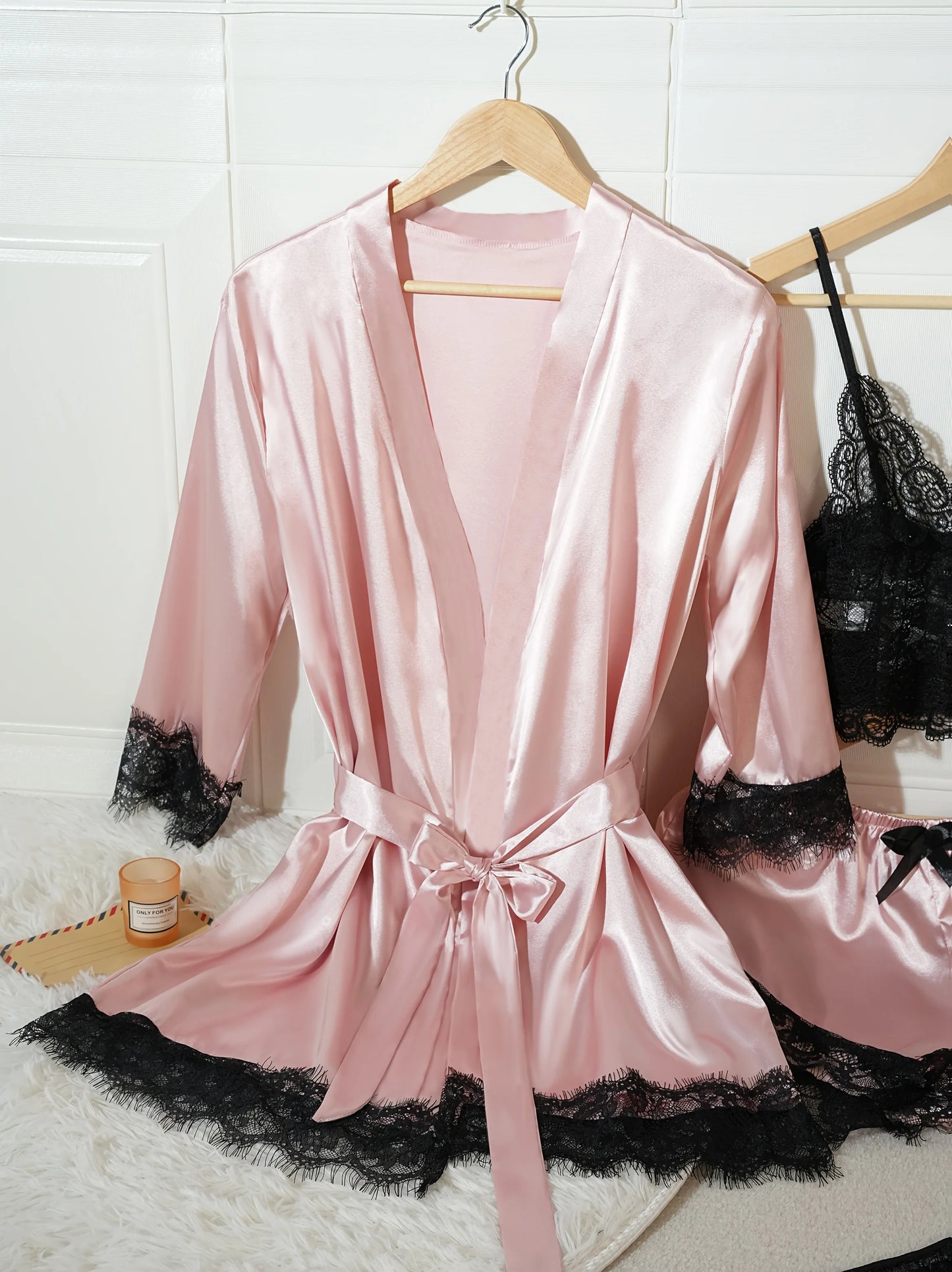 4Pcs Women Satin Pajama Set Robe Lace Lingerie Sexy Silk Nightwear