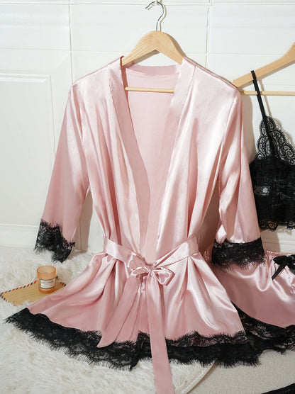 4Pcs Women Satin Pajama Set Robe Lace Lingerie Sexy Silk Nightwear