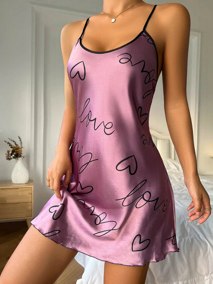 Heart Letter Print Spaghetti Strap Women's Sleepwear