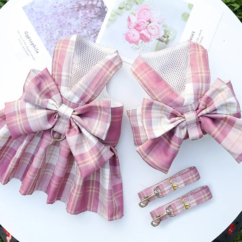 Cute Plaid Skirt Chest Strap Leash Dog Cat Vest Clothes Fighting Supplies Pet Harnesses Walking Pet Accessories Comfortable