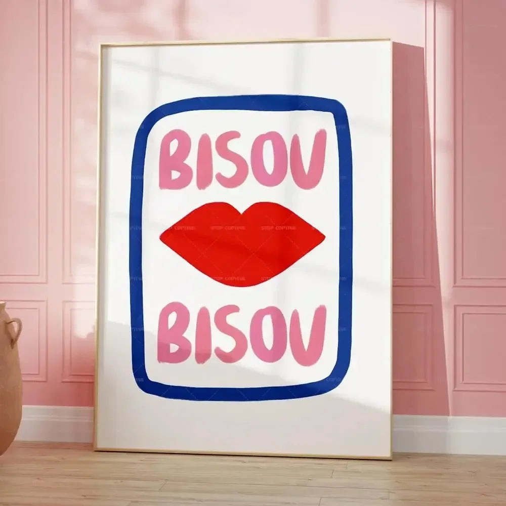 Maximalist Eclectic Posters and Prints Pink French Quotes Bisou Bisou Bonjour Bonne Nuit Wall Art Living Room Home Decor