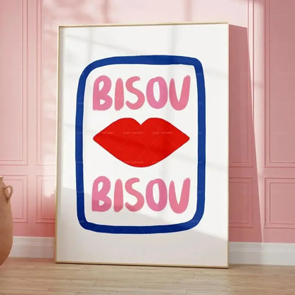 Maximalist Eclectic Posters and Prints Pink French Quotes Bisou Bisou Bonjour Bonne Nuit Wall Art Living Room Home Decor