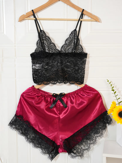 4Pcs Women Satin Pajama Set Robe Lace Lingerie Sexy Silk Nightwear