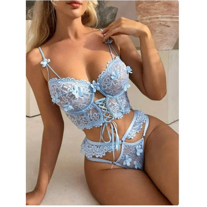 Sexy Beaded 3D Flower Hollow Out See-through Lace Up Underwear Set