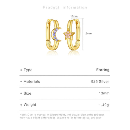 DPLAOPA Women 925 Sterling Silver Light Purple Pink Moon Star Piercing Hoop Earring Loops 2024 New Luxury Fine Casual Jewelry