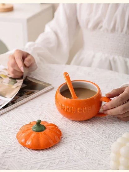 Pumpkin Mug Ceramic with Lid with Spoon Coffee Cups Milk Tea Breakfast Creative Handle Design Gift Drinkware Kitchen Halloween