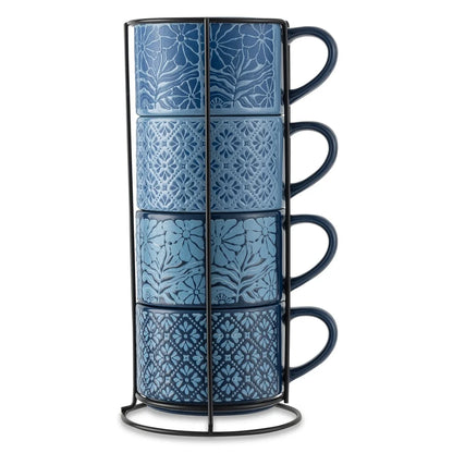 4 Pack Stackable Mugs Floral Geometric Patterns Stoneware Dishwasher Microwave Safe Coffee Tea Drinkware Space Saving Kitchen