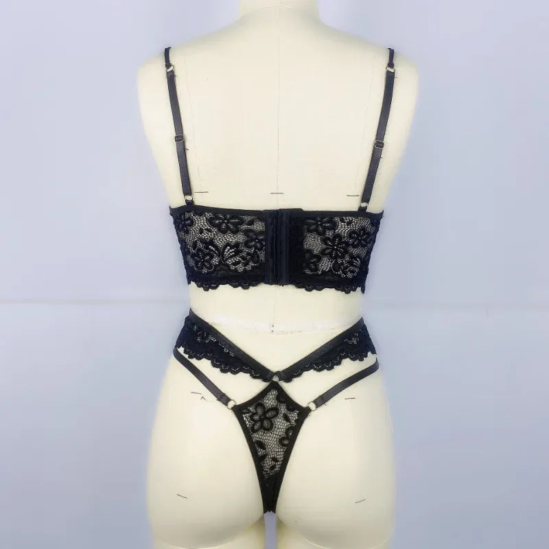 Sexy Beaded 3D Flower Hollow Out See-through Lace Up Underwear Set