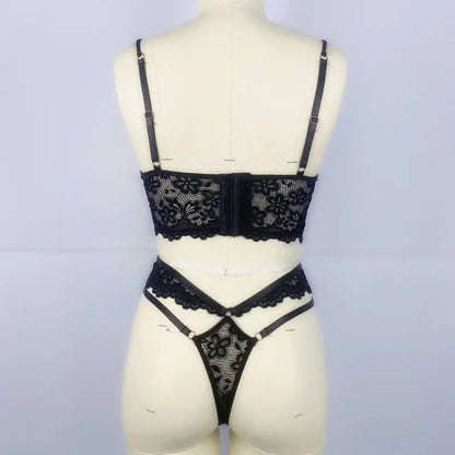 Sexy Beaded 3D Flower Hollow Out See-through Lace Up Underwear Set