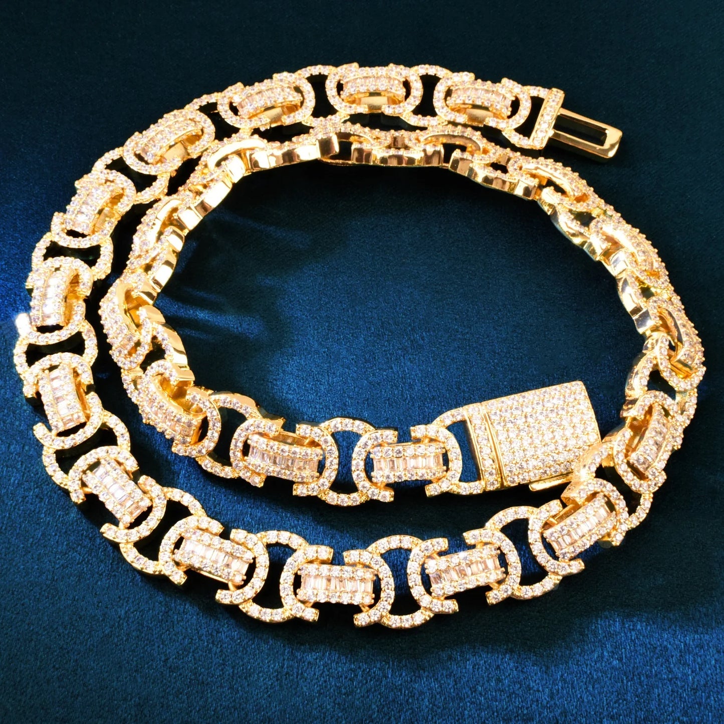 CUC 13mm Byzantine Link Chain Iced Out Cubic Zirconia Yellow Gold Color Men Hiphop Necklace Fashion Rock Jewelry