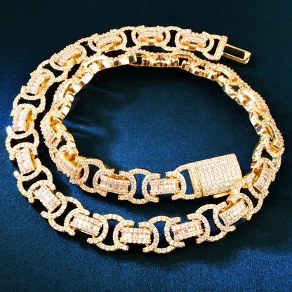 CUC 13mm Byzantine Link Chain Iced Out Cubic Zirconia Yellow Gold Color Men Hiphop Necklace Fashion Rock Jewelry