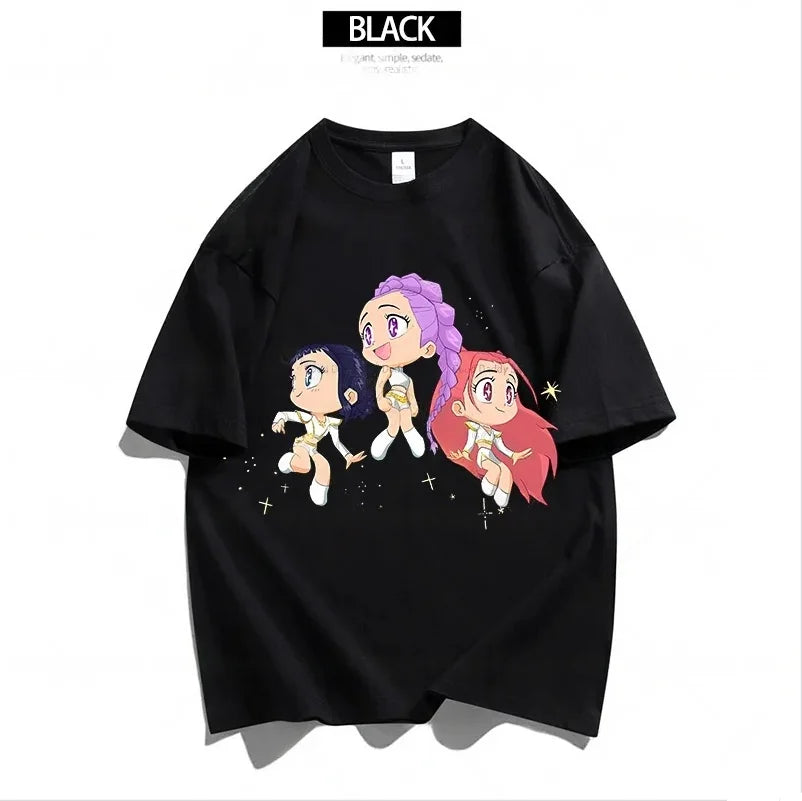 Cartoon Anime Film Kpop Demon Hunters Print T-shirt for Men Women Adult Clothes Summer Cotton Outdoor Wear Hip Hop Fashion Tops