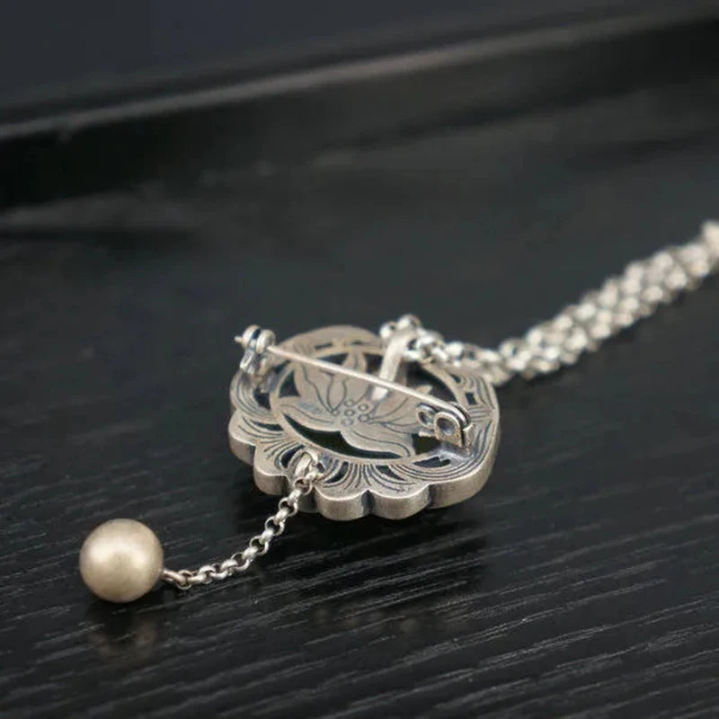 Original designer craftsmanship natural Hetian jasper pendant brooch Chinese style retro unique charm brand silver jewelry