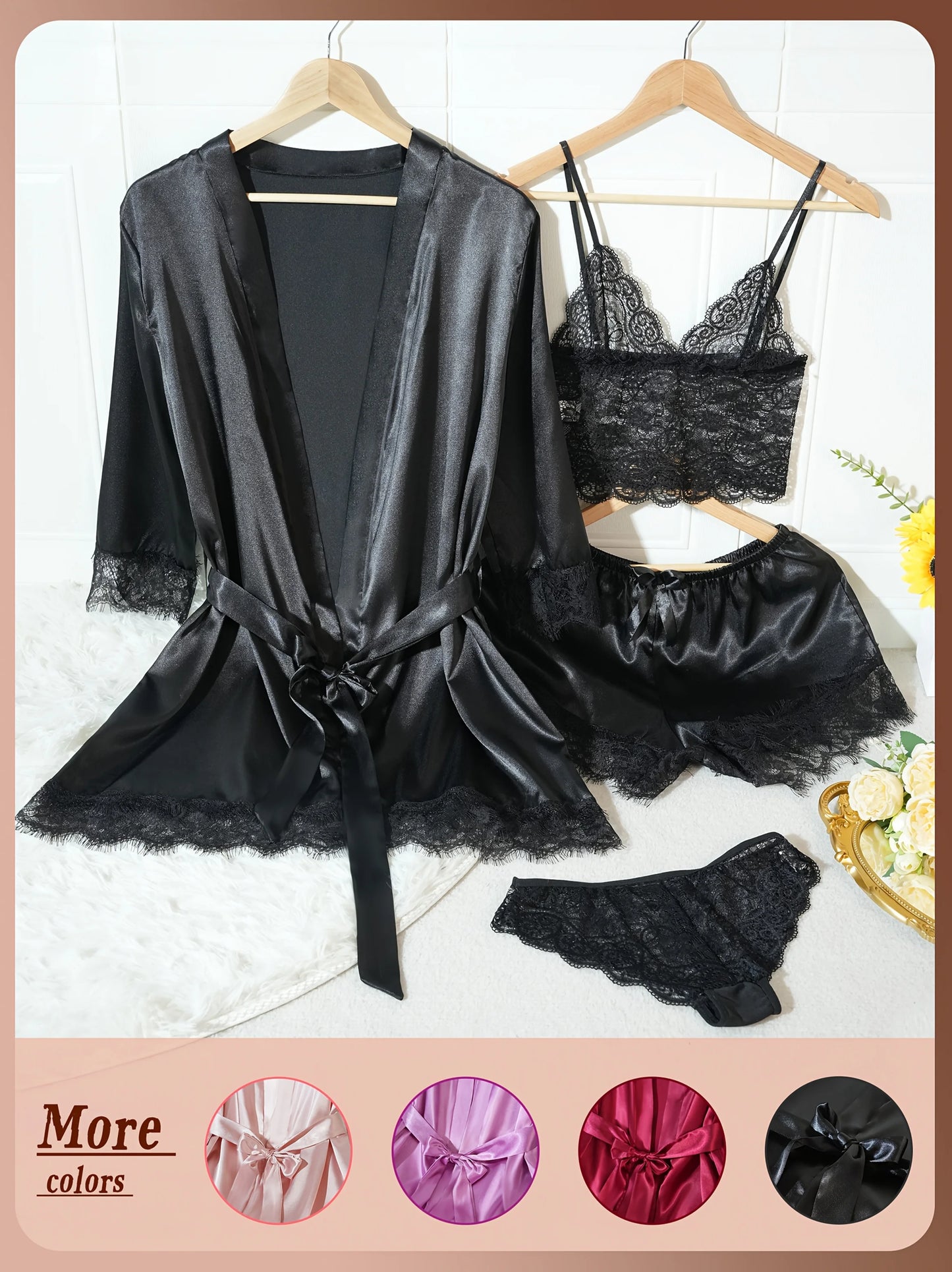 4Pcs Women Satin Pajama Set Robe Lace Lingerie Sexy Silk Nightwear