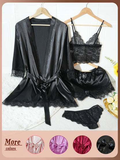4Pcs Women Satin Pajama Set Robe Lace Lingerie Sexy Silk Nightwear