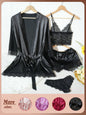 4Pcs Women Satin Pajama Set Robe Lace Lingerie Sexy Silk Nightwear