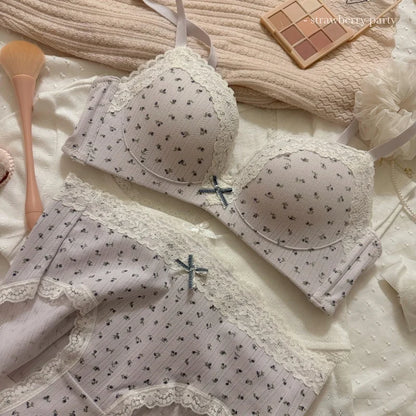 Lace Edge Sexy Lingerie Women's Small Breasts Gather No Wire Anti-Sag Bra Set