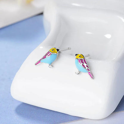 Cute 925 Sterling Silver Colorful Bird Stud Earrings For Kids Children Girl Lovely Animal Sterling-silver-jewelry