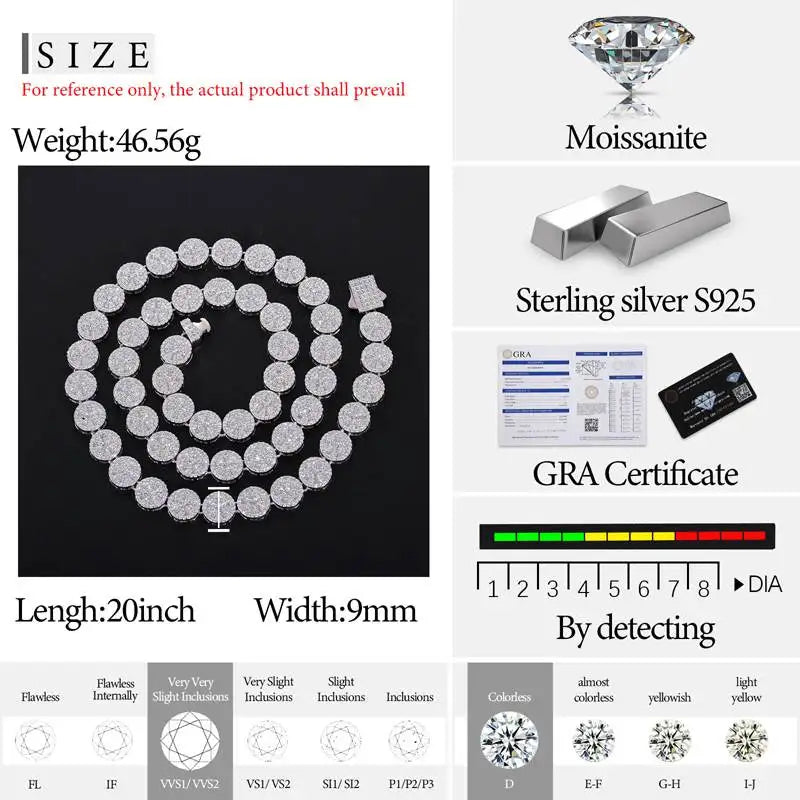 Original Full Moissanite Necklace Chain Silver 925 Plated 18k White Gold for Men Women Bracelets Fine Jewelry with GRA Certified