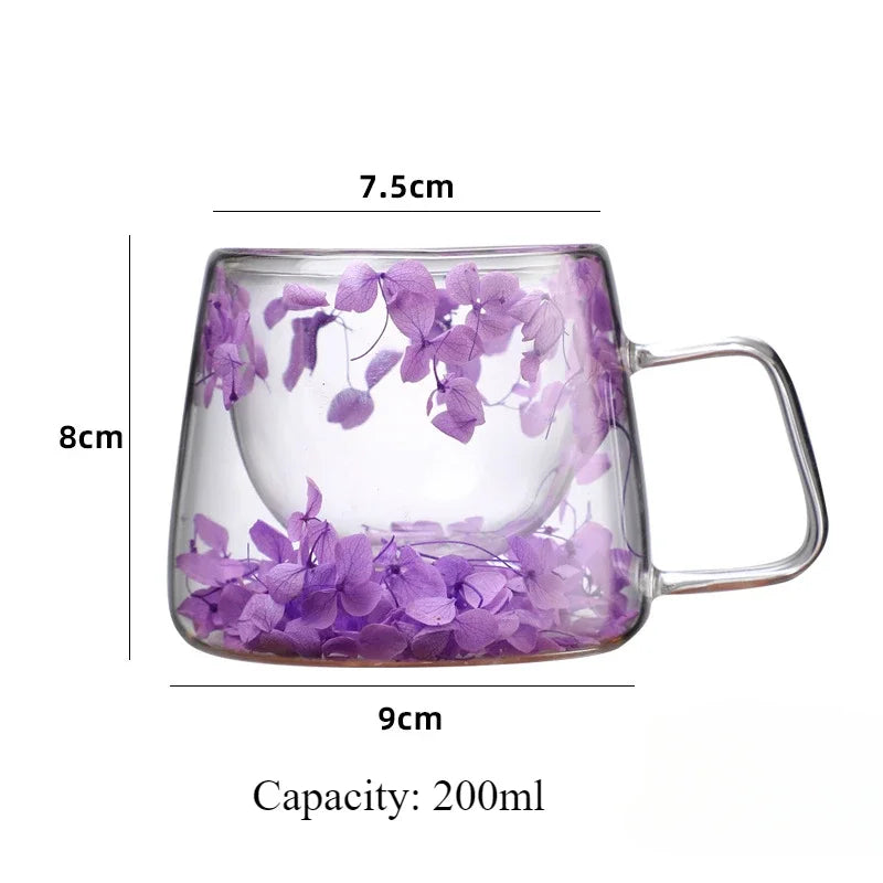 Double Wall Glass Cup 200ml Clear Flowers Pattern Milk Tea Coffee Mug with Handle Gifts Friends Home Water Cup Drinking Glasses