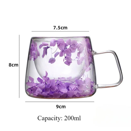 Double Wall Glass Cup 200ml Clear Flowers Pattern Milk Tea Coffee Mug with Handle Gifts Friends Home Water Cup Drinking Glasses