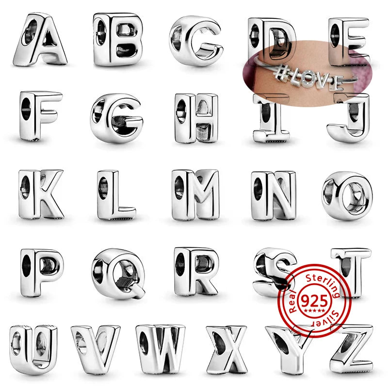 Hot Sale 100% 925 Sterling Silver 26 Letter A~Z Alphabet DIY Name Beads Fit Original  Charm Bracelet Bangles Fine Jewelry