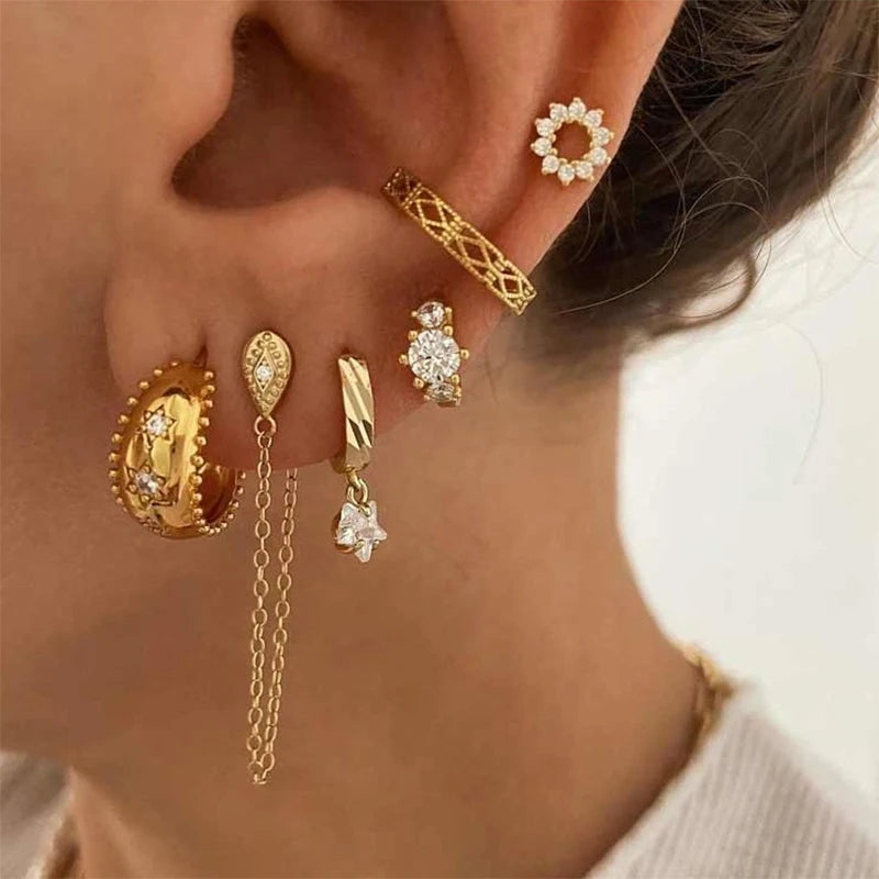 JINFU Gold Plated Earrings Set For Women Boho Style CZ Zircon Women's Clip Stud Dangle Hoop Earrings 2022 Jewelry Wholesale
