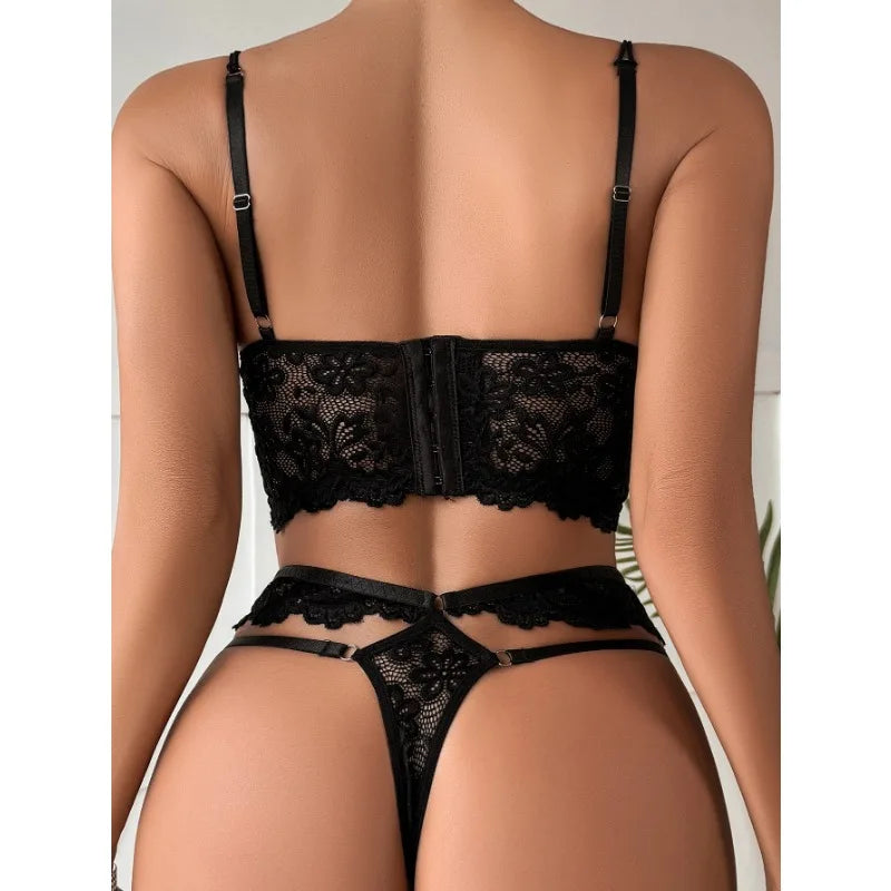 Sexy Beaded 3D Flower Hollow Out See-through Lace Up Underwear Set