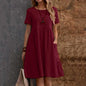 Evening Dresses Outfits Women Fashion Solid Vintage Cotton And Linen Loose Pocket Round Neck Short Sleeve