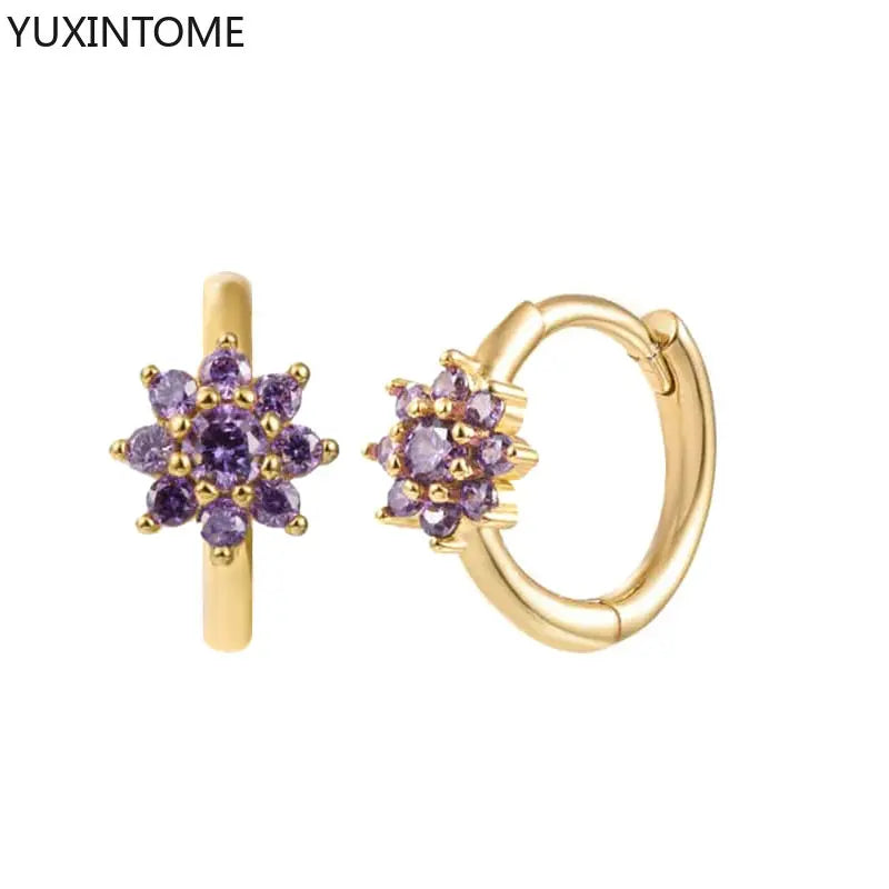 Luxury 925 Sterling Silver Ear Needle Flower Colorful Crystal Gold Earring For Women Hoop Earrings Trend Jewelry  Accessories