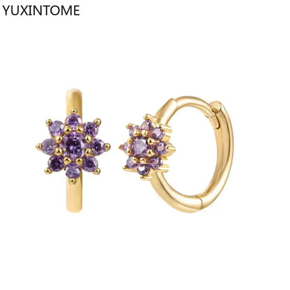 Luxury 925 Sterling Silver Ear Needle Flower Colorful Crystal Gold Earring For Women Hoop Earrings Trend Jewelry  Accessories