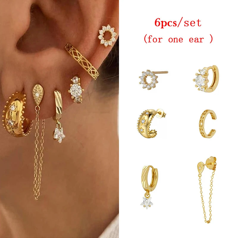 JINFU Gold Plated Earrings Set For Women Boho Style CZ Zircon Women's Clip Stud Dangle Hoop Earrings 2022 Jewelry Wholesale