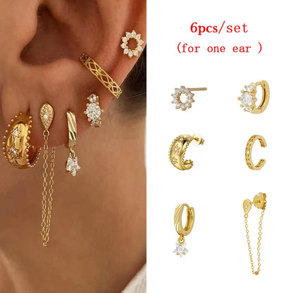 JINFU Gold Plated Earrings Set For Women Boho Style CZ Zircon Women's Clip Stud Dangle Hoop Earrings 2022 Jewelry Wholesale