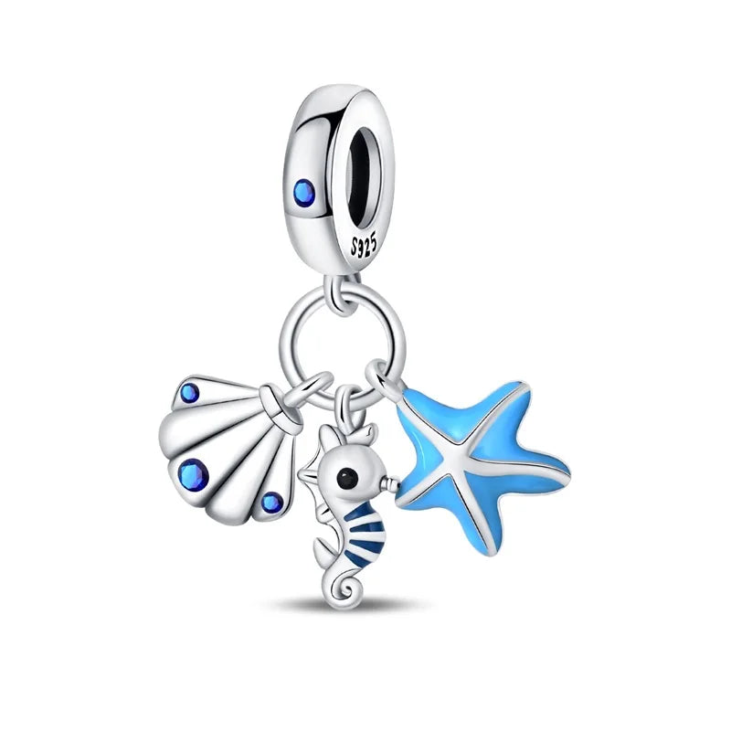 Blue Series 925 Sterling Silver Turtle,Whale & Seahorse Dangle Charm Fits Bracelet Kids Ocean Jewelry Accessories