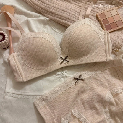 Lace Edge Sexy Lingerie Women's Small Breasts Gather No Wire Anti-Sag Bra Set