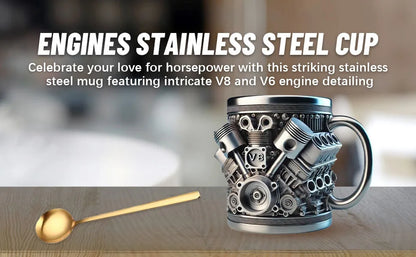 V8 Engines Stainless Steel 7 OZ Insulated Handle Coffee Mug - Creative Automotive Engine Design