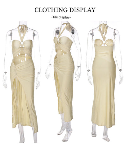 Sexy Split Wrapped Dress Hollow-out Halter Strap Backless Dress