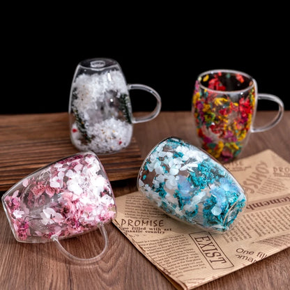 4 pieces of aesthetic dried flower double-layer glass coffee cups, cute tea cups with handles, heat-resistant and durable