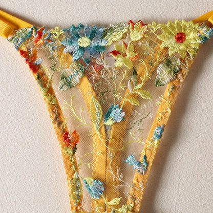 Women's Perspective Fun Underwear Sexy Embroidery Yellow Flower Bra With Steel Ring See Through Sexy Lingerie For Fine Women